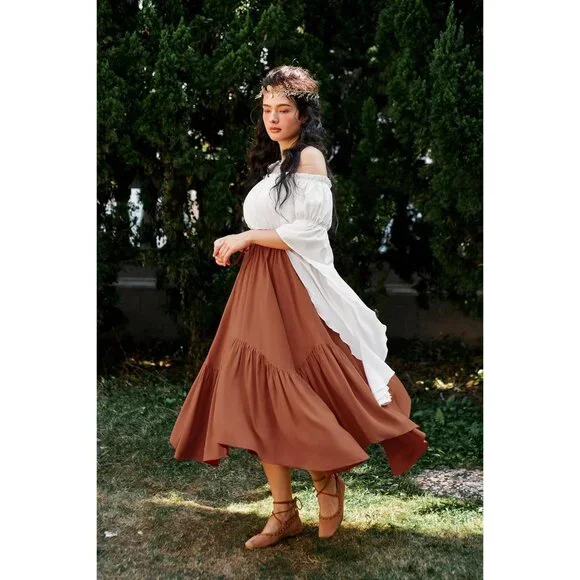 Flowy Orange Maxi Skirt with Side Pockets - Women's High Waist Renaissance  Skirt